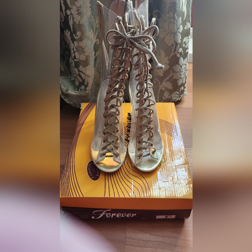 Womens clear plastic lace up heels